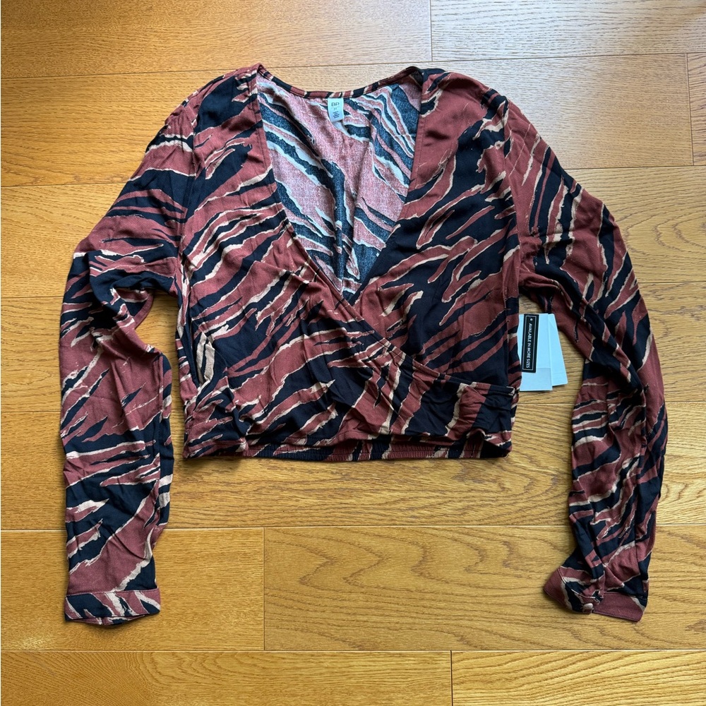 BP Black and Brown Ruched Wrap Blouse
